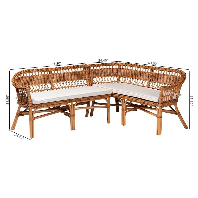 bali & pari Nella Modern Bohemian Natural Brown Rattan 2-Piece Dining Nook Banquette Set
