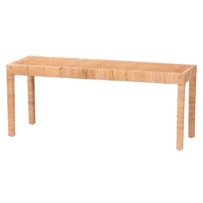 Abelia Modern Bohemian Natural Rattan and Mahogany Wood Accent Bench - Long