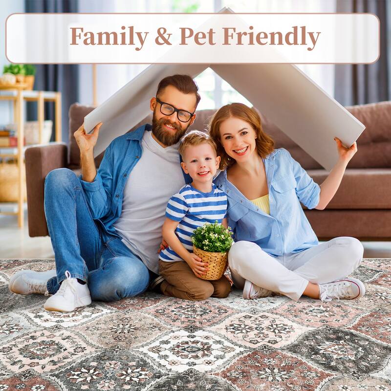 Rugs for Living Room Vintage Oriental Trellis Area Rug Soft Non Slip Low Pile Accent Rugs for Dining Room Office