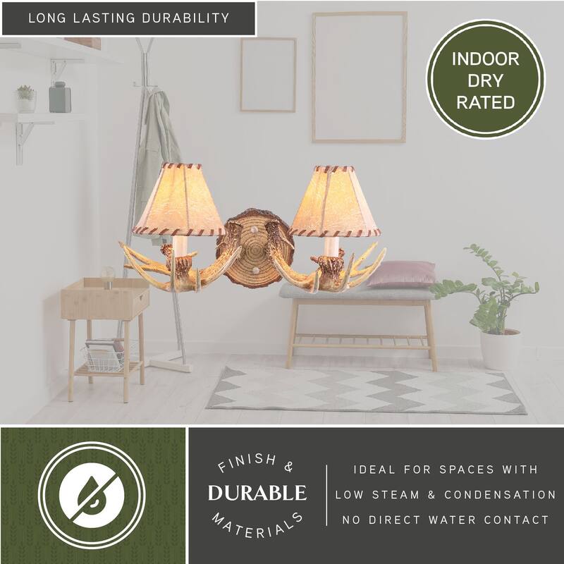 Lodge 2 Light Rustic Wood Antler Armed Wall Sconce Faux Leather Shade - 16.75-in W x 8.25-in H x 9.5-in D
