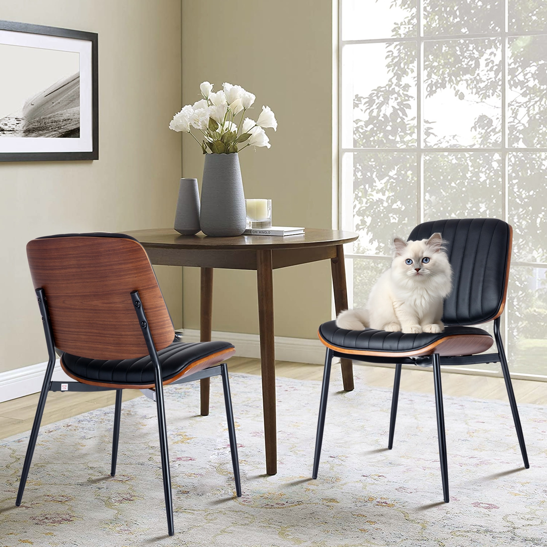 Mid Century Modern Retro Leather Dining Chair with Bentwood (Set