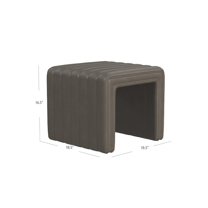 Ada Footstool Ottoman, Channel Tufted Gray Faux Leather, 19 Inch