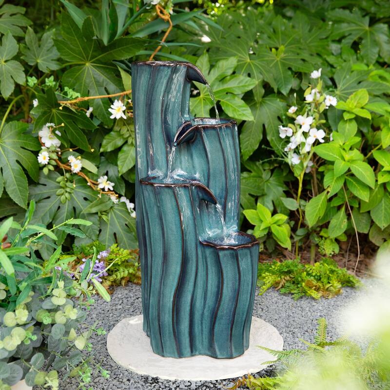 Glitzhome 29.5"H 4-Tiered Wavy Textured Outdoor Ceramic Floor Fountain with LED Light - Green
