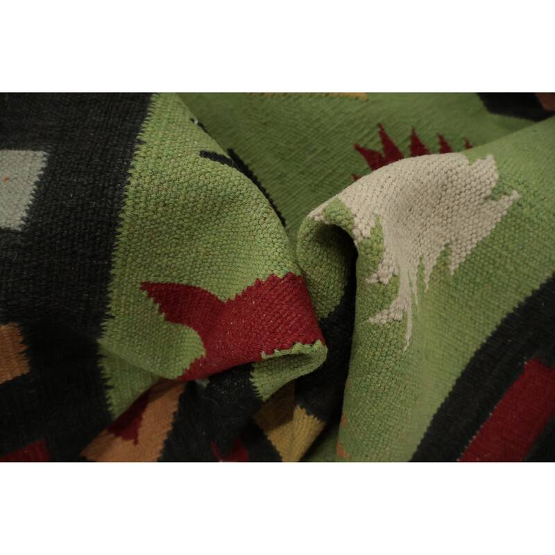 Hand Woven Oriental 100% Wool Carpet Southwestern Tribal Green Kilim Area Rug - 13' 4'' X 8' 5''