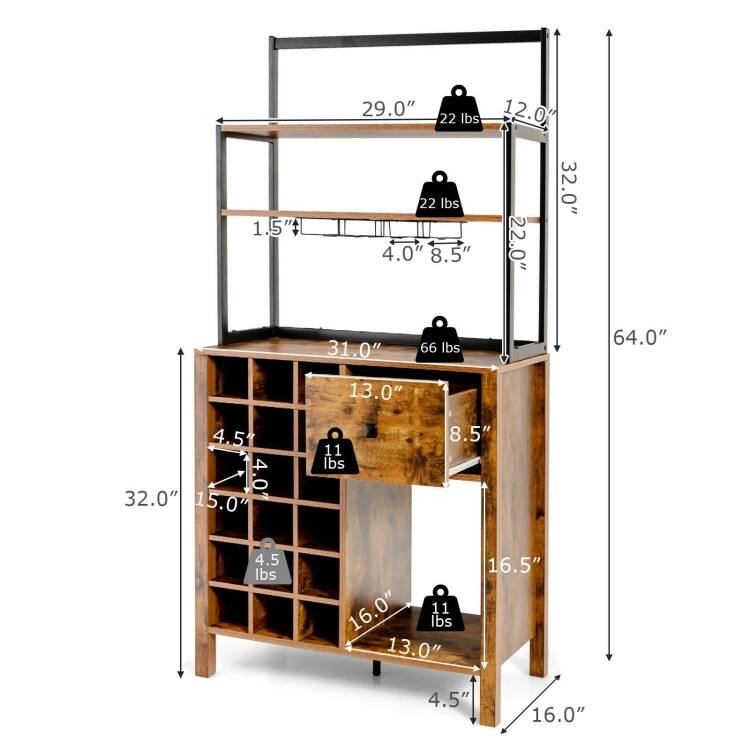 Kitchen Bakers Rack Freestanding Wine Rack Table with Glass Holder and Drawer - 31" x 16" x 64" (L x W x H)