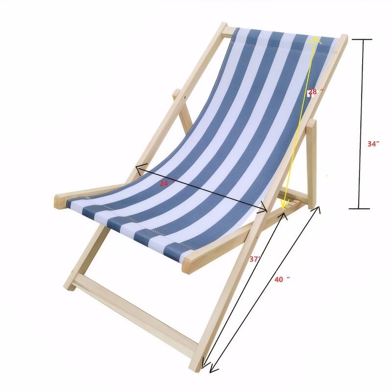 Outdoor Populus Wood Sling Chair Adjustable Backrest Durable Fabric Beach Patio Garden - 24” (W) x 40” (L) x 34” (H)