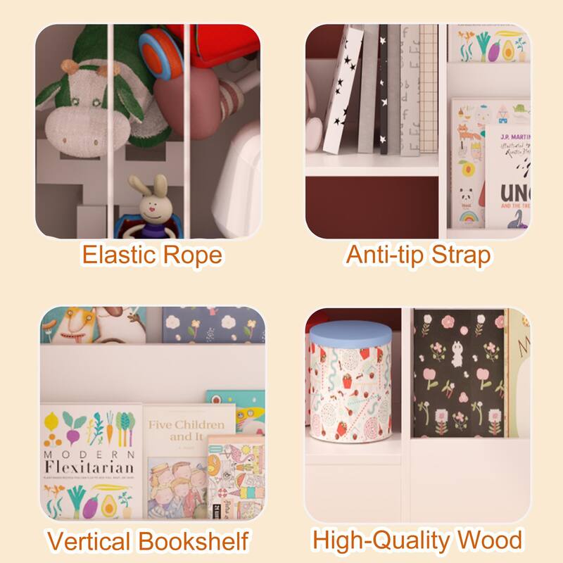 Kids Bookshelf and Toy Storage, 3-Tier Book Shelf for Kids Rooms, Sling Baby Bookcase with Stuffed Animal Storage