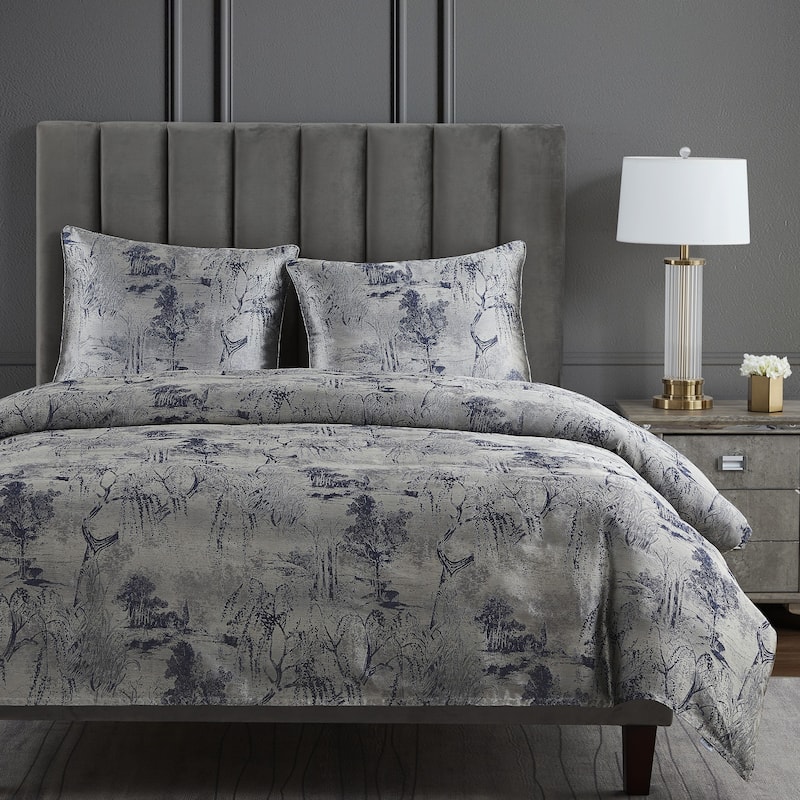 HiEnd Accents Pastoral Jacquard Modern Luxury Bedding Metallic Tree 3 Piece Duvet Cover Set