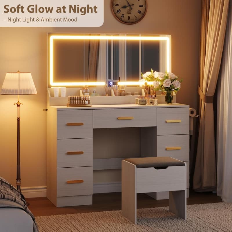 45.9" Vanity Desk with LED Mirror, Power Outlet, 7 Drawers