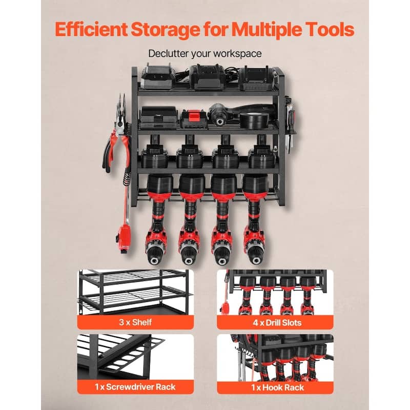 4-Tier Black Wall-Mounted Power Tool Rack with Drill Slots Shelves and Hooks for Garage Storage - 19.29” x 7.87” x 14.57”