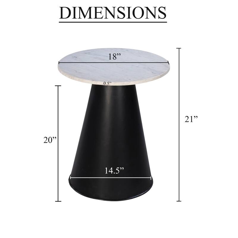Riko Side End Table, White Natural Marble 18 Inch Round Top, Modern Black Pedestal Base
