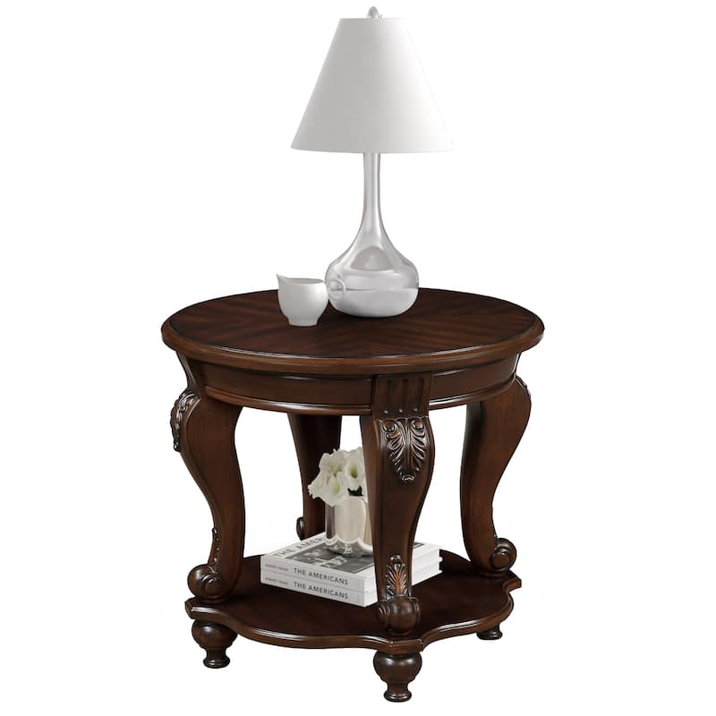 Round Sofa End Table 2-Tier Side Table with Lower Open Storage Shelf, Antique Floral Carvings and Solid Wood Cabriole Legs - Cherry