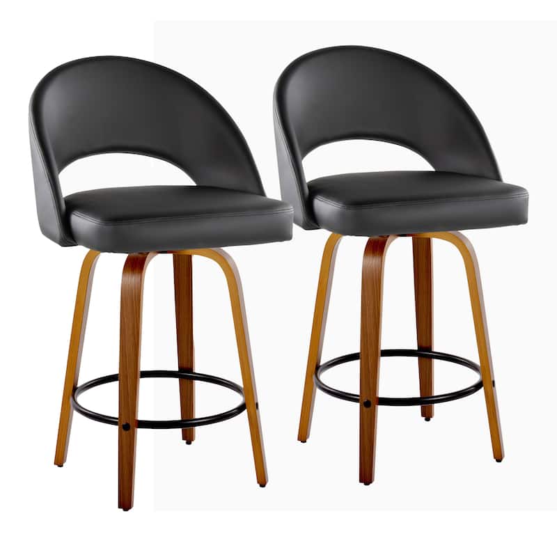 Renee Upholstered 26" Fixed-Height Counter Stool - Set of 2 - Black Faux Leather/Walnut