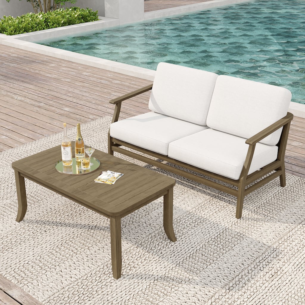 Teak Wood Patio Outdoor Loveseat Sofa and Coffee Table Set