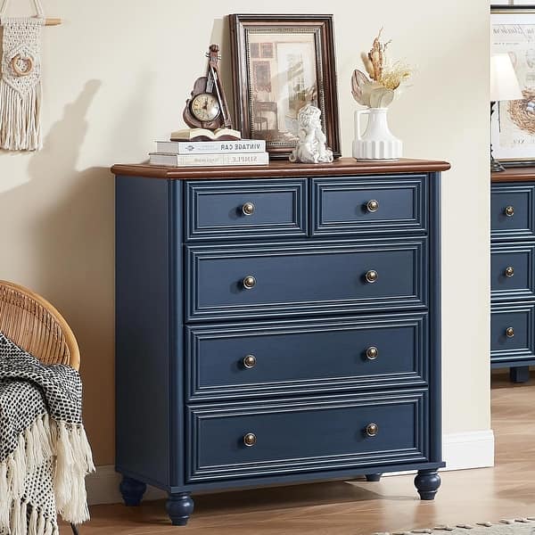 tall navy blue dresser Benjara Zeny Slate Blue 5-drawer 38 in. Wide Tall Chest of Drawers Dresser  without Mirror BM332578