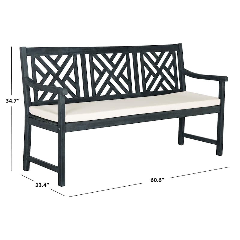 SAFAVIEH Outdoor Genara Solid Wood 3-Seat Bench with Cushion - 23Wx61Dx35H