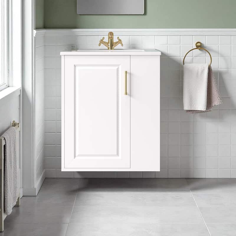 20" Wall Mounted Bathroom Vanity with Sink, Solid Pine & MDF Floating Cabinet with Side Storage & Soft-Close Door - White