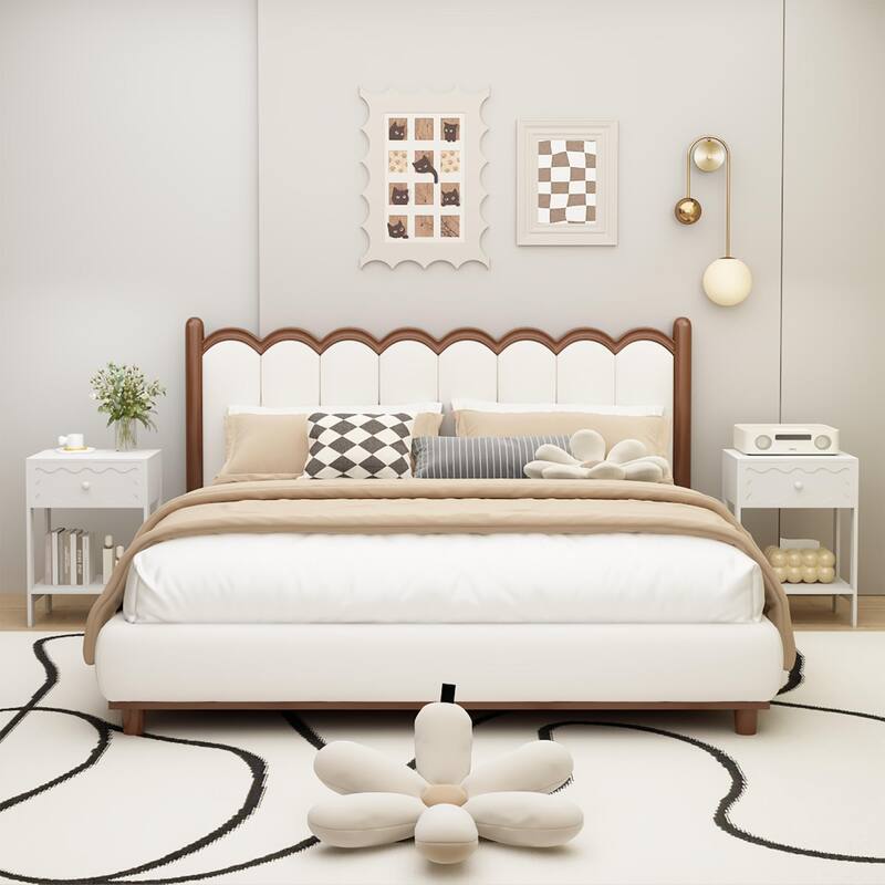 Nightstand with Drawer and Open Shelf, Modern Wave Pattern Bedside Table, Solid Wood Frame End Table for Bedroom, Living Room