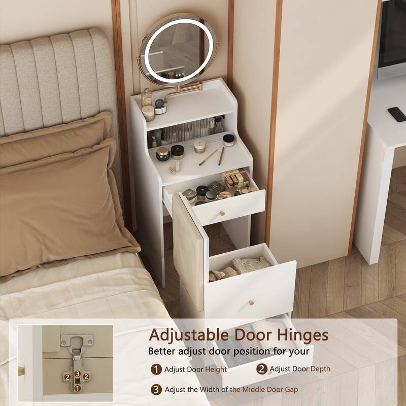 3 in 1 Vanity Desk With mirror and light ,Small makeup vanity set with charging station, 2 drawers , upholstered stool