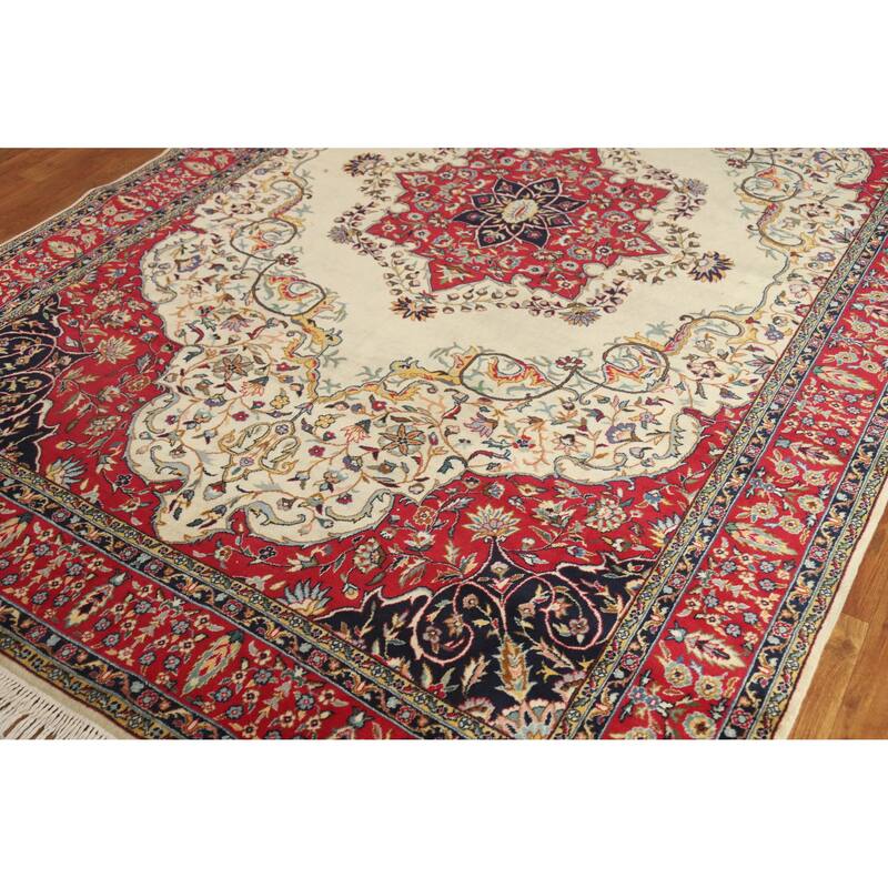 Hand Knotted Oriental 100% Wool Carpet Traditional Floral Beige & Ivories Tabriz Area Rug - 9' 10'' X 6' 5''