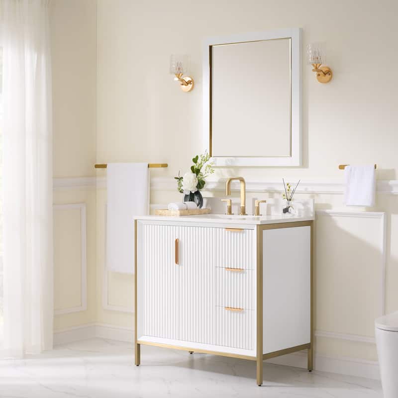 35''H Solid Wood Bathroom Vanity With Carrera White Quartz Top and Sink,White