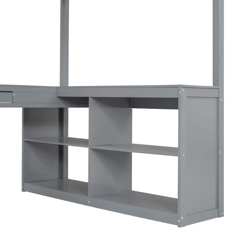 Full Loft Bed with U-shaped Desk, Tri-fold Mirror and Storage Shelves