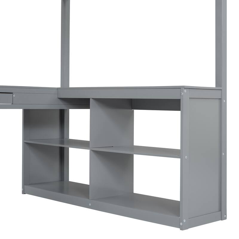U-Shaped Workstation Loft with Mirror, Curved Frame, Drawers & Storage for Full Bed