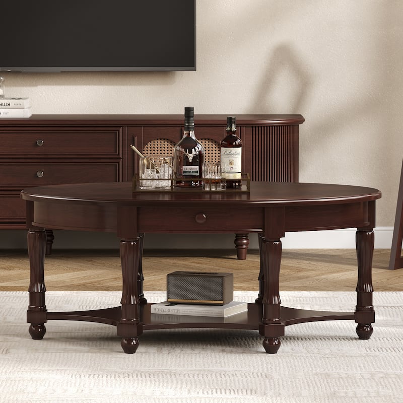 French Country Style Coffee Table Vintage Oval Coffee Table with Drawers and Storage Shelves, for Living Room - Beige