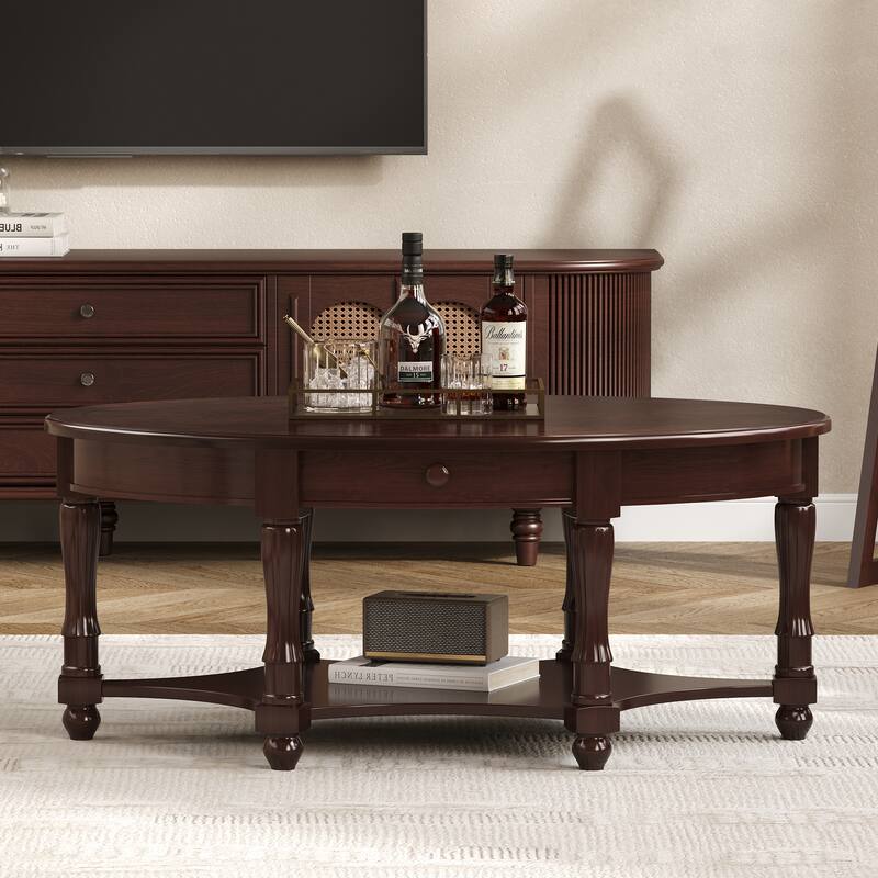 Vintage Oval Coffee Table with Drawer and Storage Shelf, Antique Cocktail Table in 45", Country Accent Table for Living Room - Brown