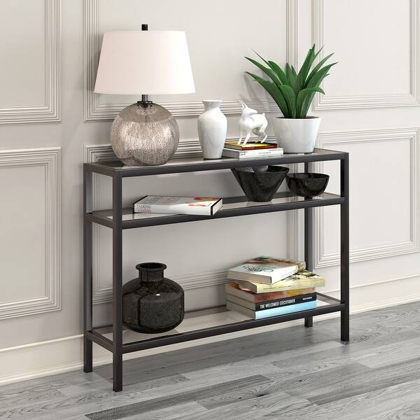 Shop Sivil Rectangular Contemporary Metal Glass Console Table In Blackened Bronze On Sale Overstock 23133973