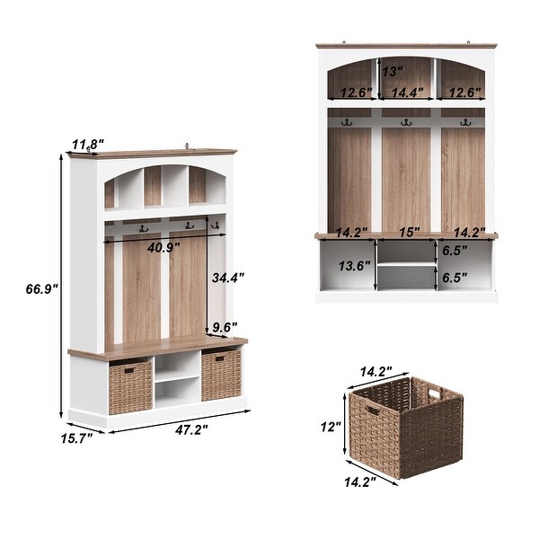 Entryway Hall Tree with Shoe Bench and 2 Rattan Baskets, Mudroom