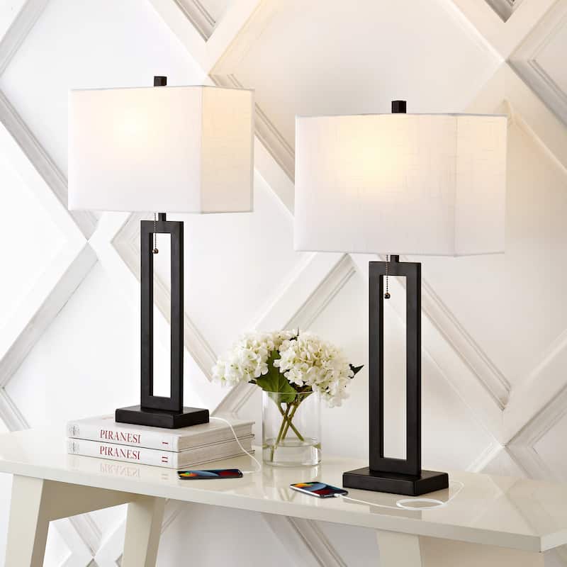 Lucie 28.5" Vintage Industrial Iron LED Table Lamp with Pull-Chain and USB Charging Port, (Set of 2) by JONATHAN Y
