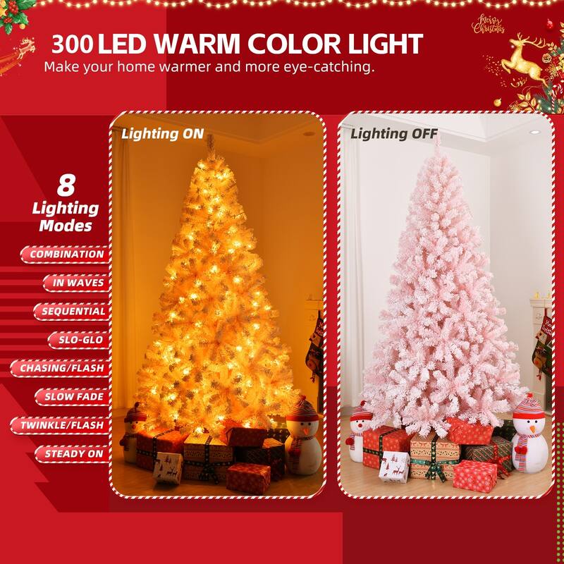 Artificial Snow-Flocked Christmas Tree with Thick Pine Branches and US Plug and Metal Stand
