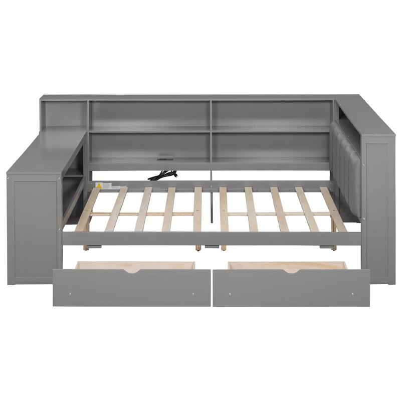 Wood Daybed Twin Size Platform Bed with Storage Shelves, Drawers, Charging Station, Desk, LED and Upholstered Cushion Headboard