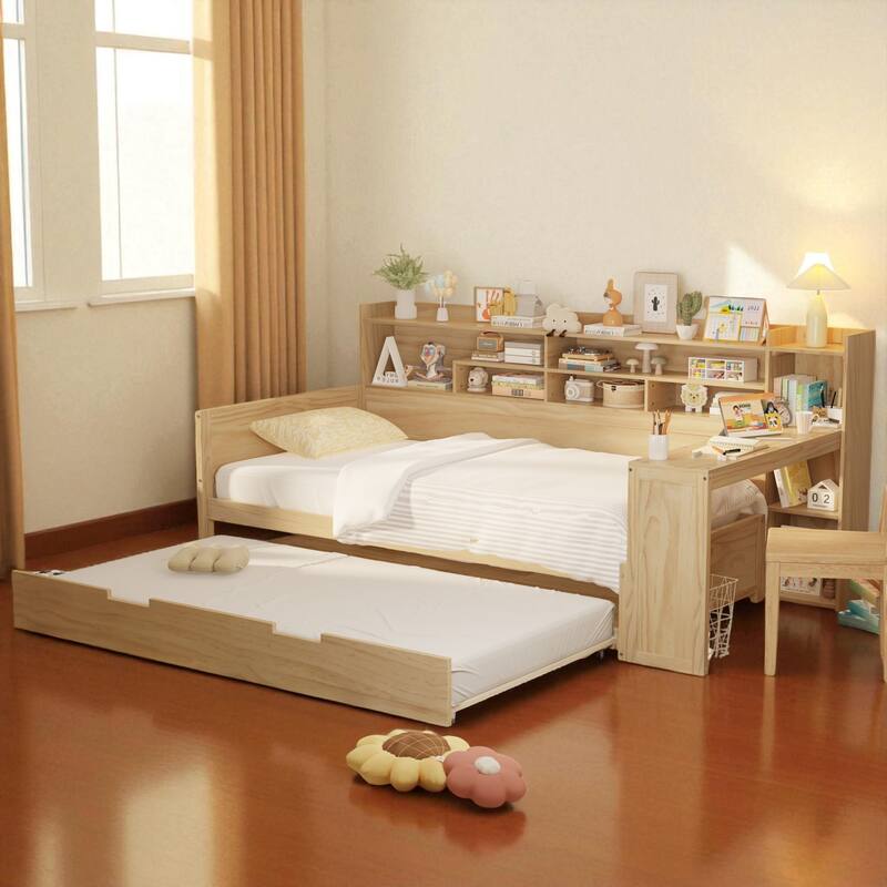 Twin Size Wood Daybed with Trundle, Storage Shelves and Built-in Study Desk, Multifunctional Space-Saving Bed