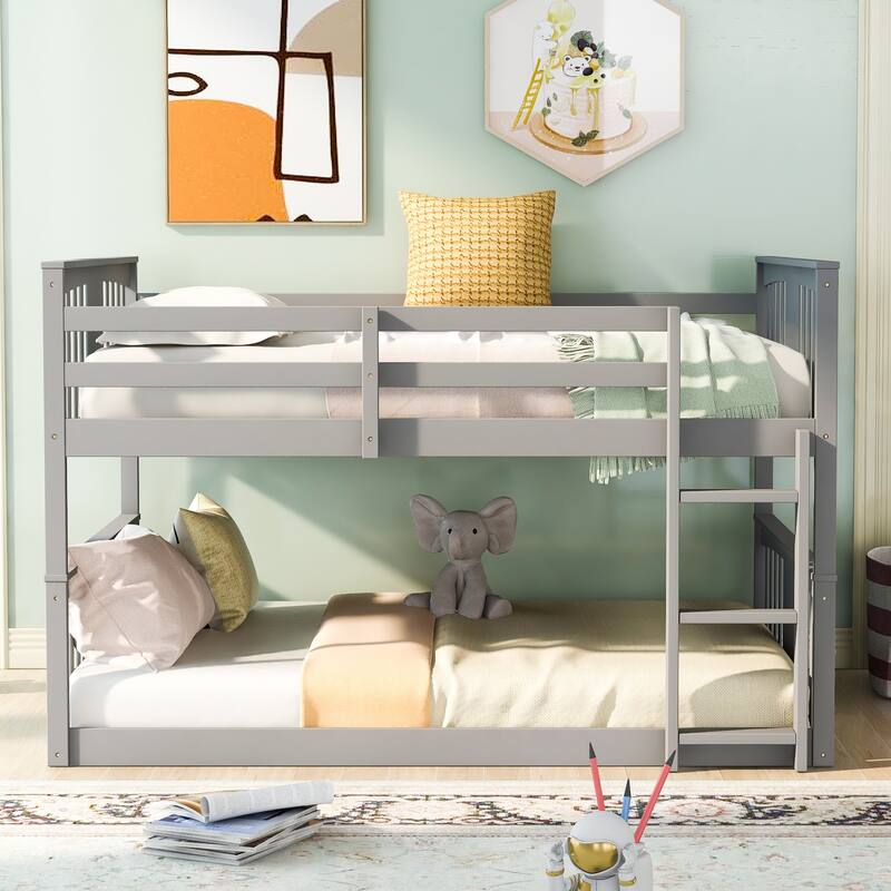 Full Over Full Bunk Bed w/Ladder, Solid Wood Bunk Platform Bedframe with Full Length Guardrail & Headboard, No Spring Box Needed - Gray - Full