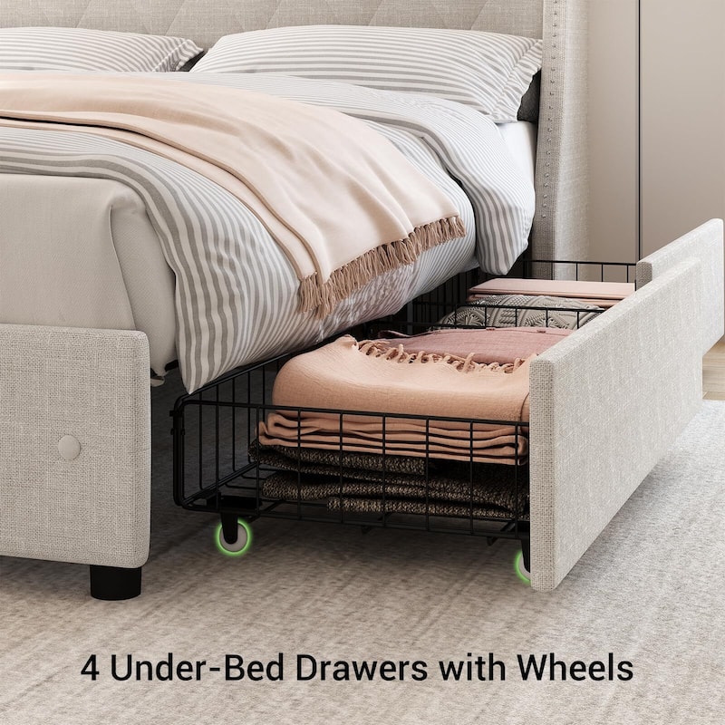 Upholstered Bed Frame, with Charging Station & Wingback, 4 Storage Drawers
