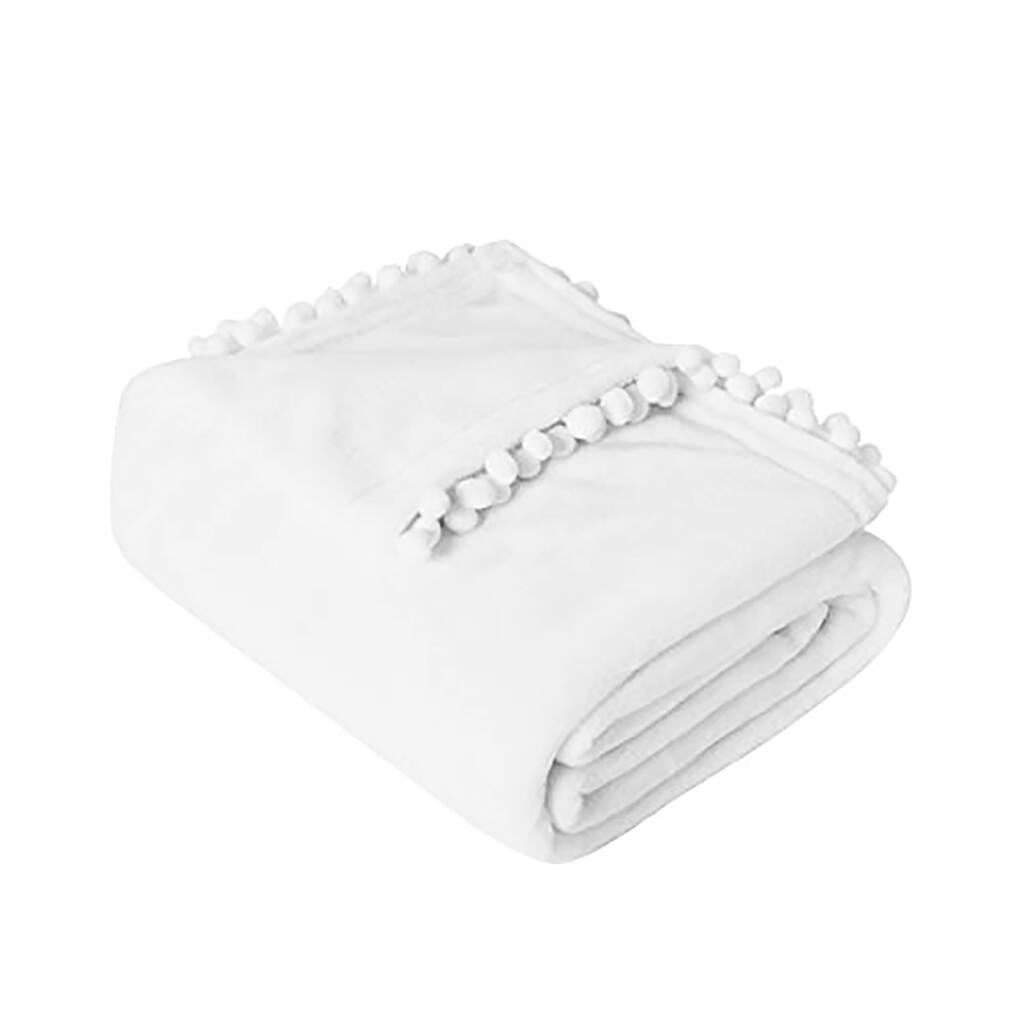 Fleece Throw Blanket with Pom Pom Fringe White Flannel Blanket for Couch(Throw 50" x 60")