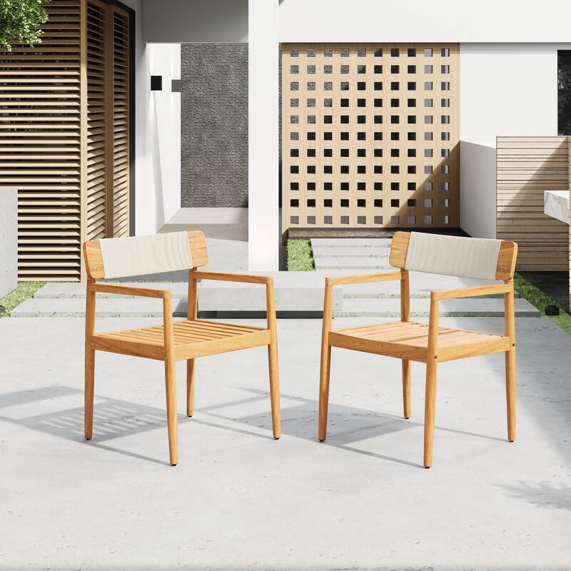Creative Braided Acacia Wood Outdoor Dining Table and Chairs with Armrests, Teak Look & White Rope, Set of 2 - Teak,White