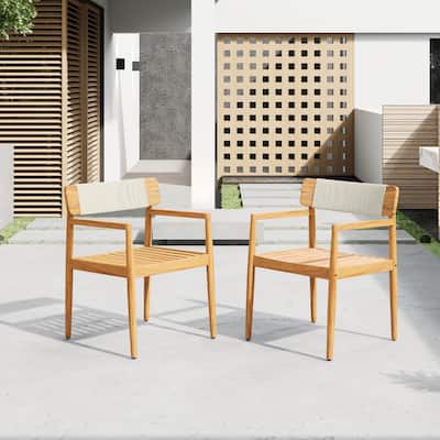 Creative braided acacia wood outdoor dining table and chairs with armrests, suitable teak look & white rope,set of 2