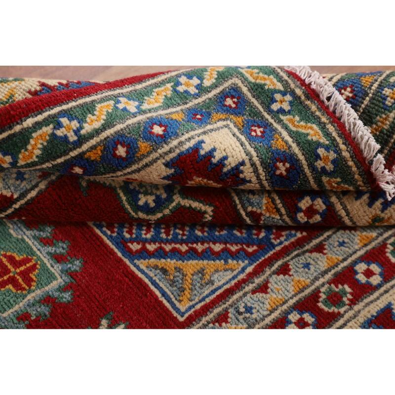 Red Geometric Kazak Oriental Foyer Rug Hand-Knotted Wool Carpet - 3'4" x 5'0"