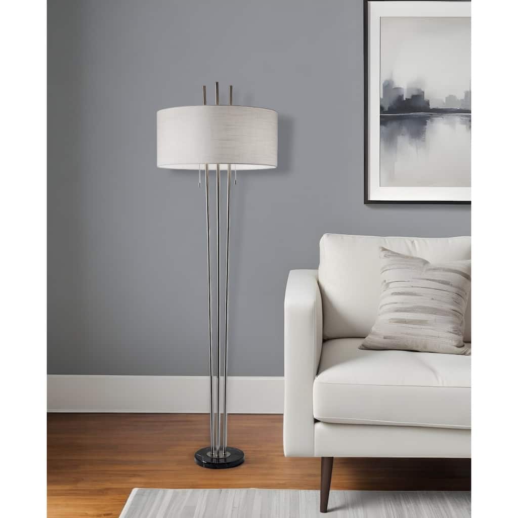 71" Modern Floor Lamp with Linen Drum Shade 2-Light Silver Metal Pole Lamp with Pull Chain - 71"H x 22"W x 22"D