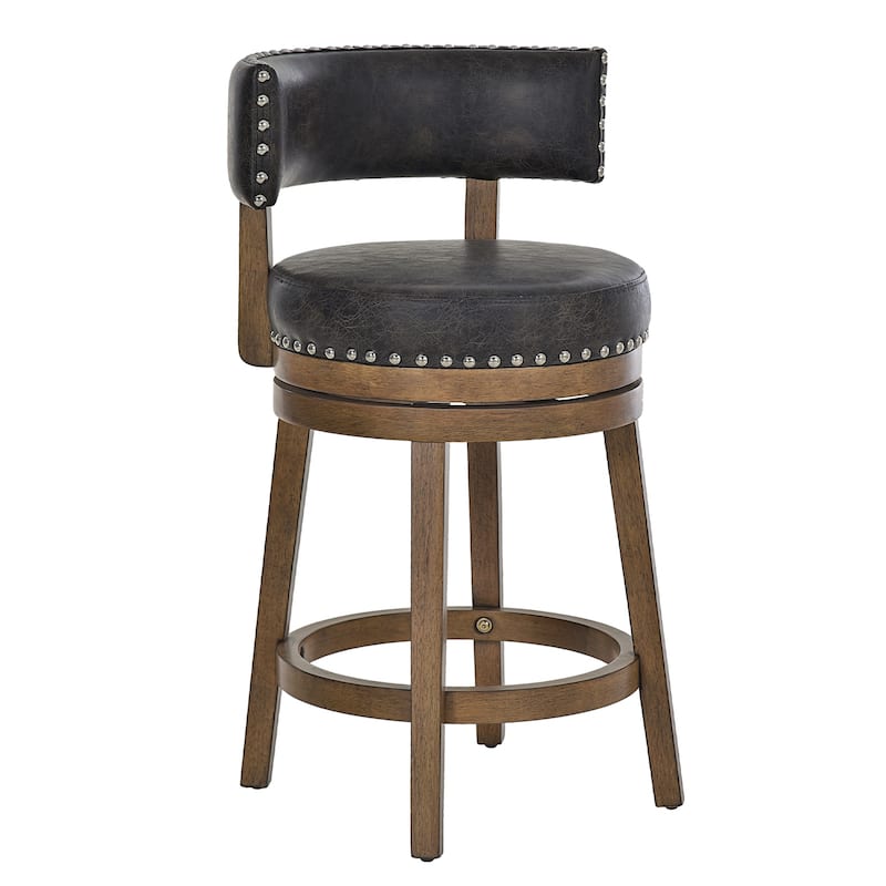Modern Velvet Swivel Bar Stool - 25" or 30" Counter Height with Adjustable Footrest & Walnut Base, for Kitchen Islands - Single - Dark Brown - Counter Height