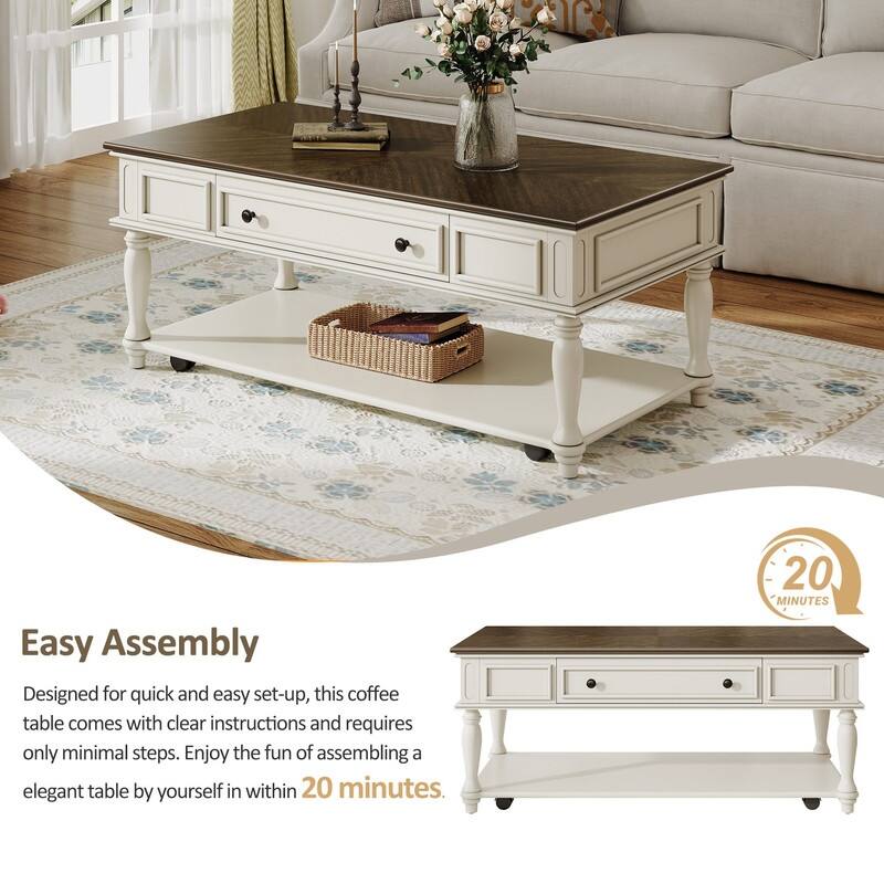 Farmhouse 47.2" Coffee Table with Drawer, Retro Design Easy Assembly and Movable Lockable Wheels for Living Room