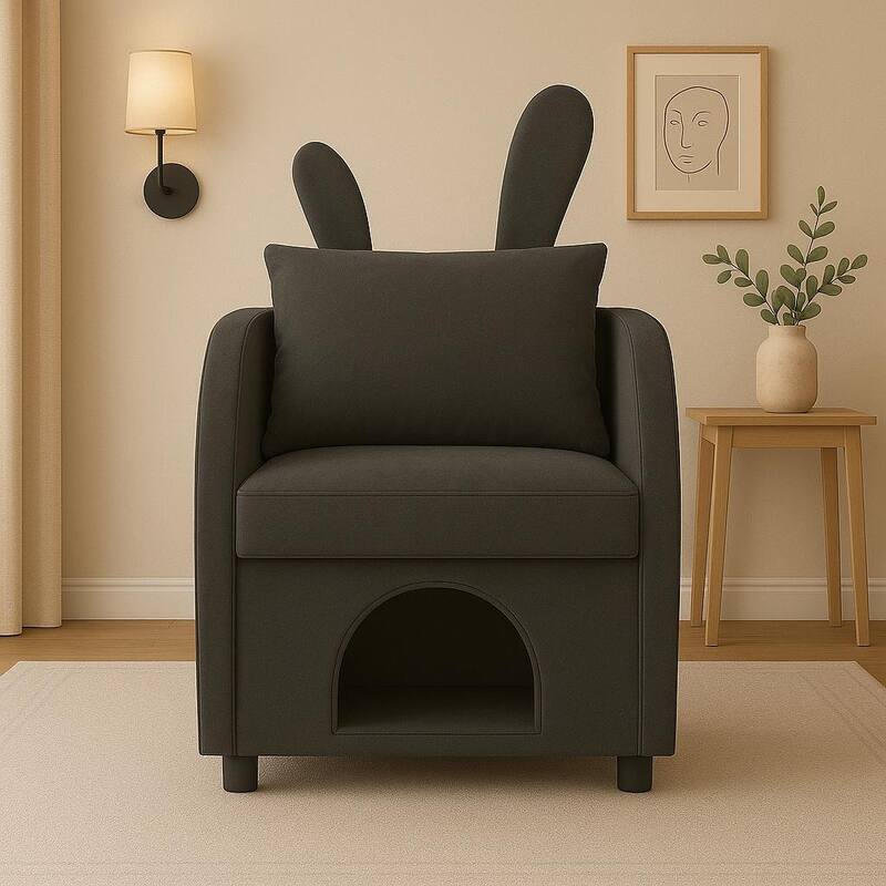 Gray Bunny-Ear Pet-Friendly Armchair with Hideaway, Scratch-Resistant Fabric, Triple-Entry, Compact Design