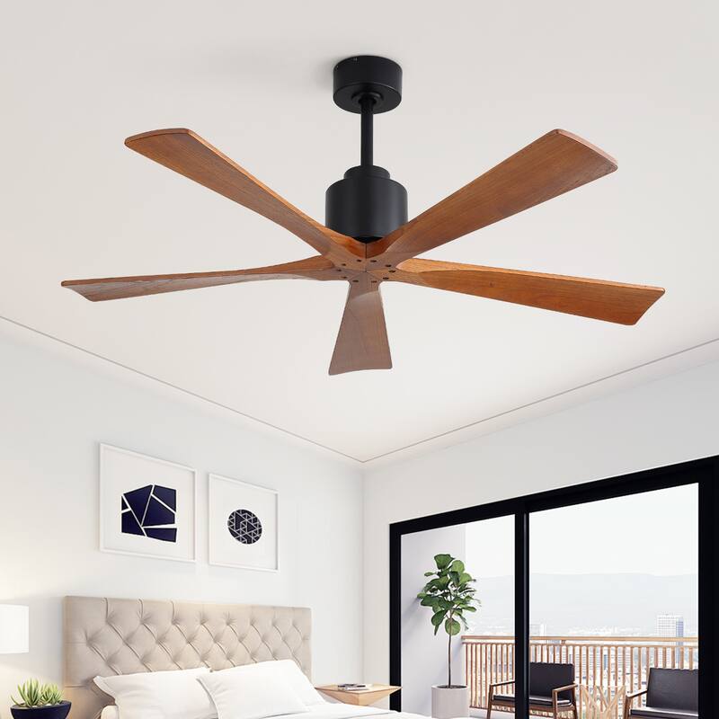 Sofucor 48/52/60 Inch Solid Wood Ceiling Fan with Light and Remote, Reverse Functions, Integrated Light Optional - 52"With lights - Black and Walnut Wood Blades(Non-Smart)
