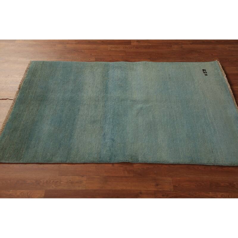 Green & Blue Gabbeh Modern Rug Handmade Stripe Wool Carpet - 3'4" x 4'10"
