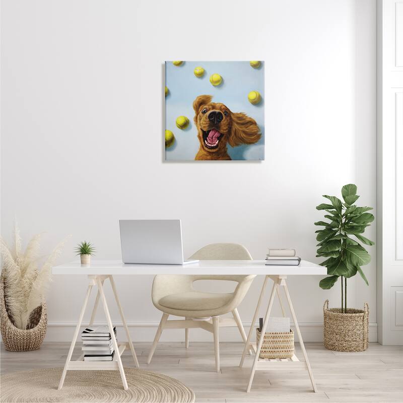 Stupell Happy Smiling Pet Dog with Yellow Tennis Balls Canvas Wall Art - Blue