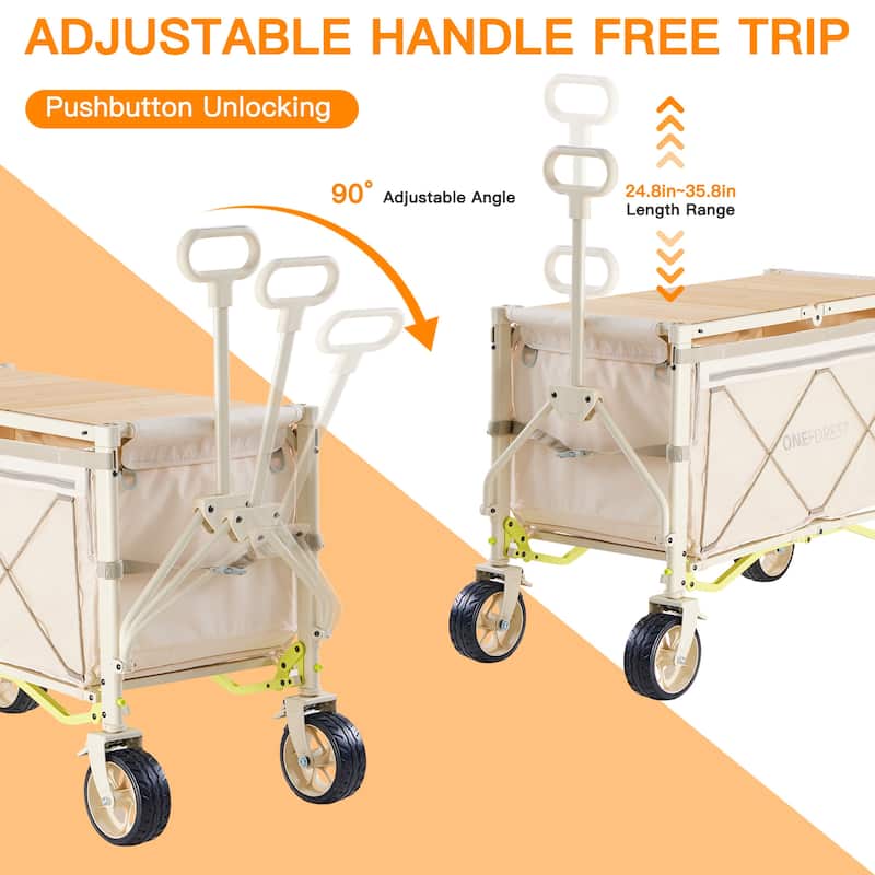 Foldable Camping Cart with Adjustable Handle, Bamboo Tabletop, Foldable storage, and Waterproof Oxford Canopy