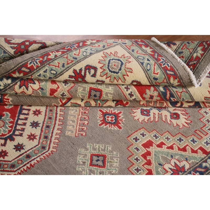 Hand Knotted Oriental 100% Wool Carpet Traditional Geometric Brown Kazak Area Rug - 9' 5'' X 6' 7''